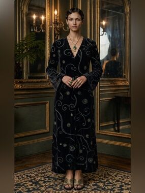 Rare Vintage Diamond Tea Burnout Velvet Maxi Robe Black & Teal Metallic Swirl S